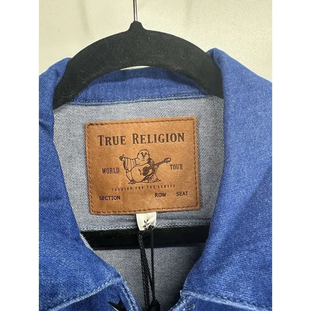 True Religion Men's Dylan 2 Tone Denim Jacket Sz L blue royal Jeans trucker RARE